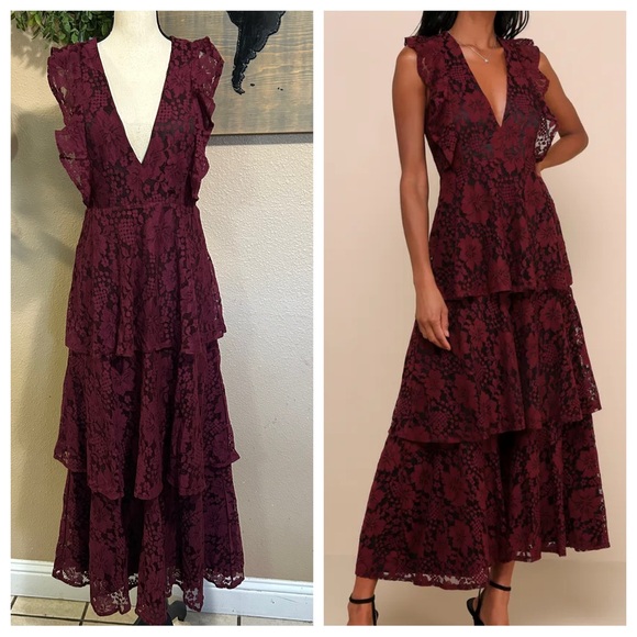 Lulus Dresses & Skirts - Lulus Molinetto Burgundy Lace Ruffled Tiered Sleeveless Maxi Dress